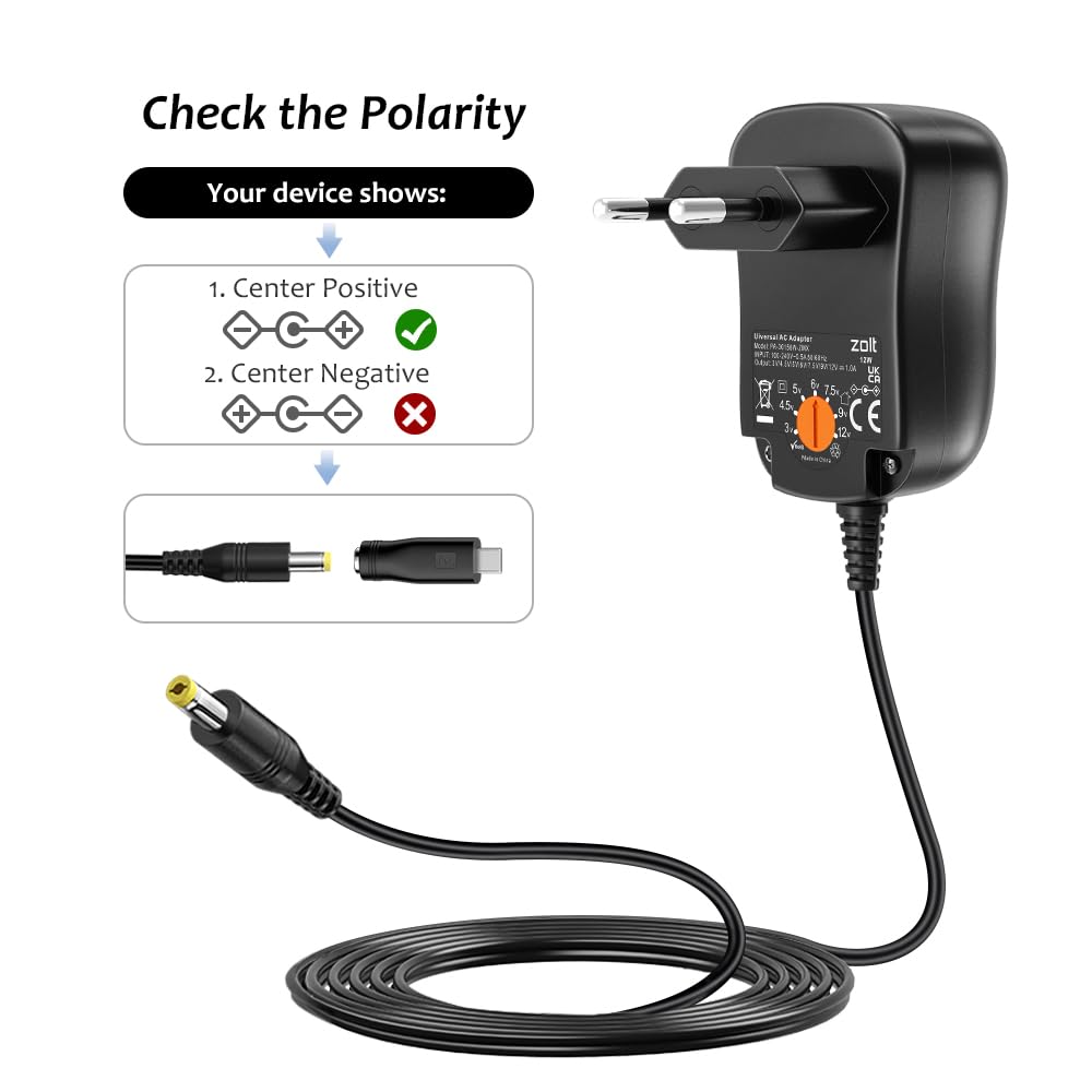 Zolt Zasilacz impulsowy 12 W AC na DC, 3 V, 4,5 V, 5 V, 6 V, 7,5 V, 9 V, 12 V, 1 A, uniwersalny zasilacz z 8 wtyczkami DC do głośnika, aparatu, lampy, tabletu i innych urządzeń elektronicznych