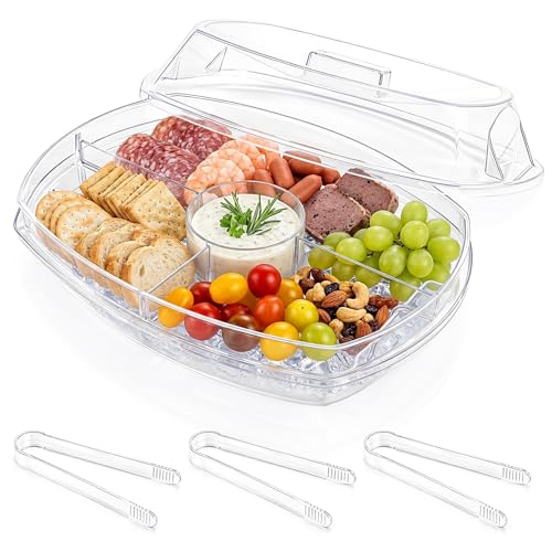 DEAYOU 4 Section Ice Serving Tray, Cold Serving Tray with Flip-Lid for Party Food, Outdoor Serving Platter Dish with Ice Cooling Tray for Appetizers, Fruits, Vegetables, Salads, Picnic, Snack