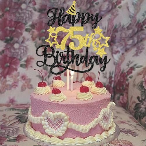 Image of Confetti! Glittering 75th Birthday Cake Topper with Star Hat - Cheers to 75 Years! Fabulous Cake Decorations for Elders 75th Birthday & Anniversary Party Supply