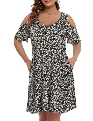 Image of JollieLovin Womens Plus Size Short Sleeve Cold Shoulder V Neck T-Shirt Dress with Pockets