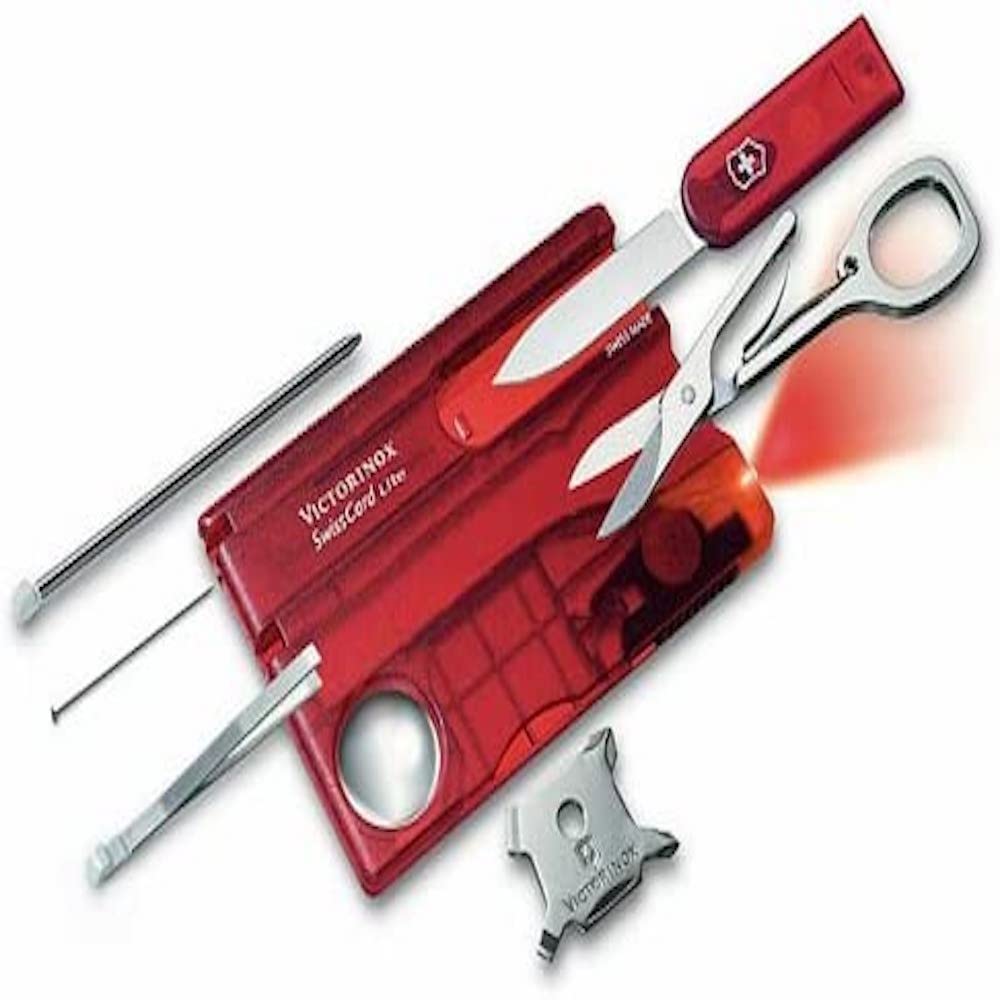 Victorinox Swiss Card Lite, Multitool de Poche Suisse, 13 Fonctions, Led, Loupe, Rouge Transparent & Aiguisoir Double pour Couteaux, Swiss Made, Portable, Noir/Rouge