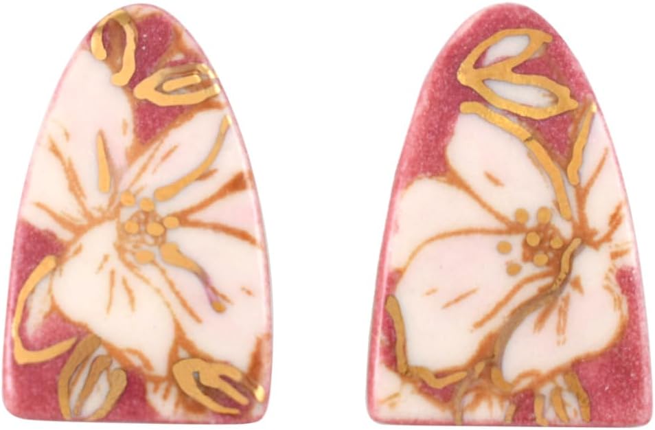 Magnolia Blossom Porcelain Arch Post Earrings: Dusty Rose with 18K Gold Luster, 1-inch, Handmade in the USA