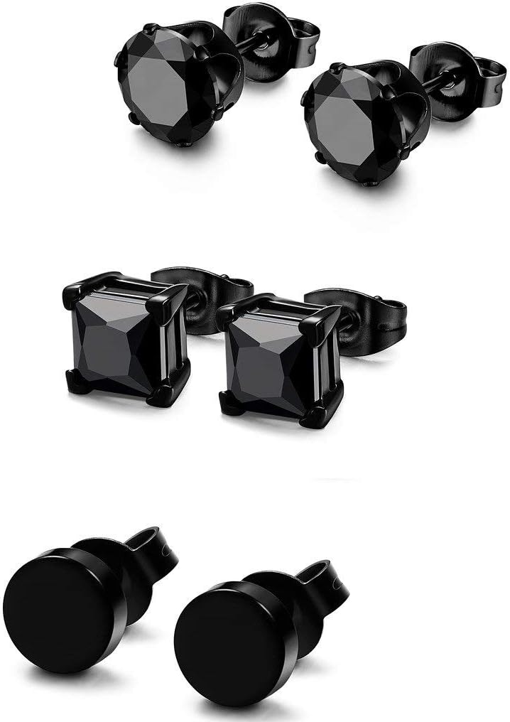 3 Pairs Stainless Steel Black Stud Earrings for Men Women Hypoallergenic Mens Earrings Stud Set, Black Silver Square Round Diamond CZ Studs Earring Pierced 3mm-8mm