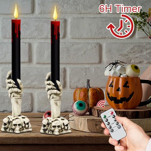 Image of Halloween Black Flameless Taper Candles Flickering with Remote Timer, Battery Operated Led Taper Candle, 2 Pcs Drip Wax Candlesticks with Skull Hand Candle Holder for Halloween Decorations
