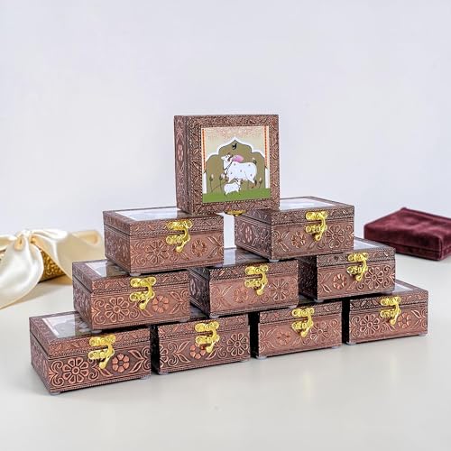 Image of Handcrafted Wooden Jewellery Organisers Box Copper Finish (4 x 4 inch) - Pack of 10 | Oxidized Pichwai Cow Design | Decorative Jewellery Box for Women | Gifts for Women | Ivory Sand