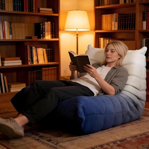 Image of Bean Bag Chairs for Adults, Memory Foam Reading Bean Bag Sofa Chair with Faux Fur Filler, Fireside Floor Gaming Chairs for Living Room, Bedroom and Office (White&Blue, Single)