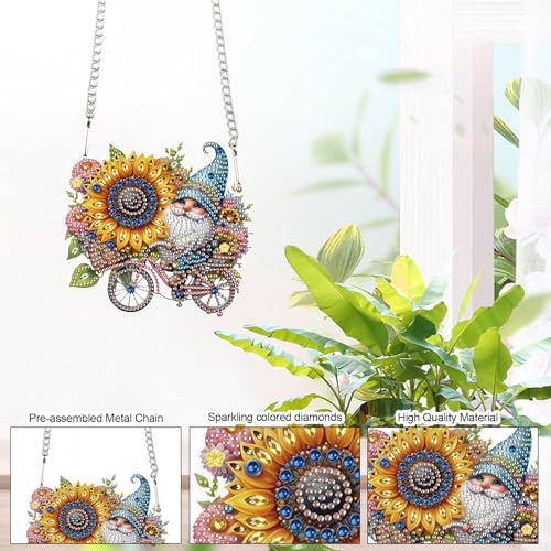 Image of AiYuanzsh 5D Diamond Painting Hanging Ornament, Gnome with Sunflower Design DIY Acrylic Pendant Kit, Handmade Diamond Art Suncatcher Decoration for Home Wall Window Gift