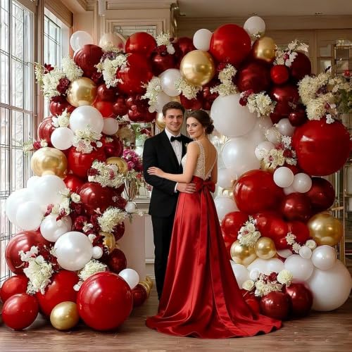 Image of Red White Gold Balloon Arch Double Stuffed Burgundy Red Gold Pearl White Balloon Garland Kit Wine Latex Balloons for Mother's Day Birthday Wedding Engagement Graudation Party Decorations