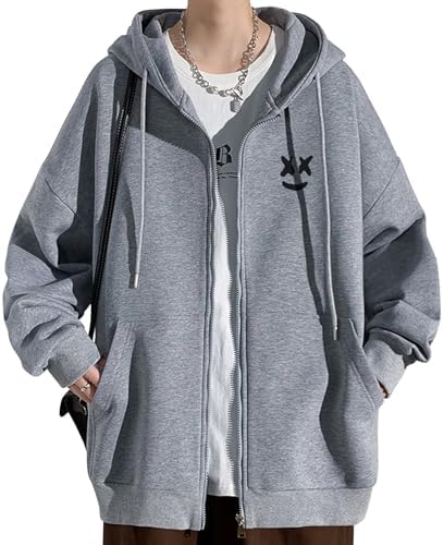 Bligo Men's Zip Hoodie, Autumn and Winter Clothing, M-3XL, Full Zip Outerwear, Smile Pattern, Large Size, Simple, Zippered Hoodie, Long Sleeve, Parka, Korean Style, Casual, Top, Fashionable, Unisex