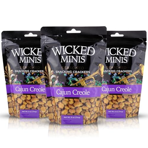 Wicked Minis Soup & Oyster Crackers - Saltine & Salted Flavored Mini Puffed Soup, Savory Snacking Mix, Seasoned Croutons Salad Toppers, Crackers for Chili 6oz (Cajun Creole, Pack of 3)