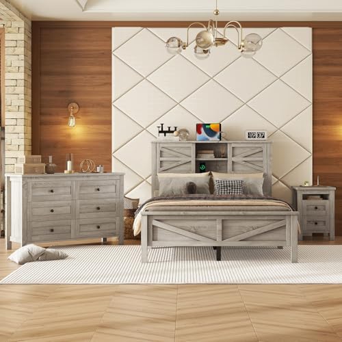 Eclivon Farmhouse 3-Pieces Bedroom Sets, Full Size Wood Platform Bed with Nightstand and Dressing...