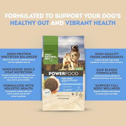 Image of Only Natural Pet PowerFood Fish Feast Grain-Free Dry Dog Food w /Wild-Caught Whitefish, Pumpkin & Superfoods - High Protein, Low Carb Recipe for Small to Large Breeds, Adult to Senior - 20 lb Bag
