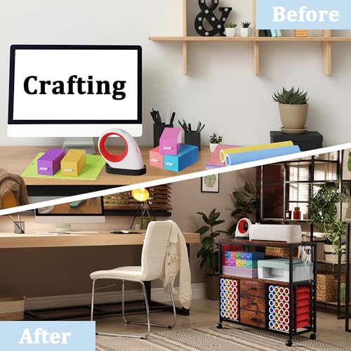 Image of 48 Vinyl Roll Holders for Cricut Cart, 32 inchW Large Craft Cart with 3 Fabric Drawer, Craft Organization and Storage Compatible with Cricut Maker Machine, Crafting Table Workstation, Vintage
