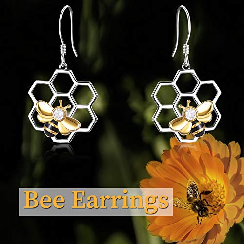 Image of LUHE Bee Earrings for Women 925 Sterling Silver Bumble Earrings with Honeycomb Honeybee Jewelry Dangle Gifts for Women