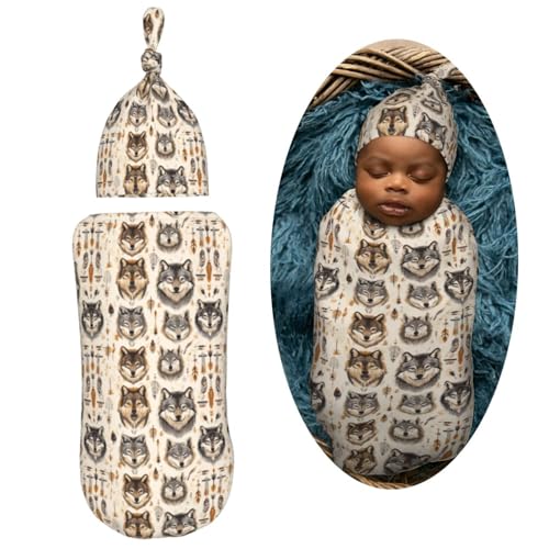 Image of Wolves and Arranged Newborn Swaddle Blankets Hat Sets Soft Baby Receiving Blanket Swaddle Sack for Baby Shower Infant Boy Girl Gift