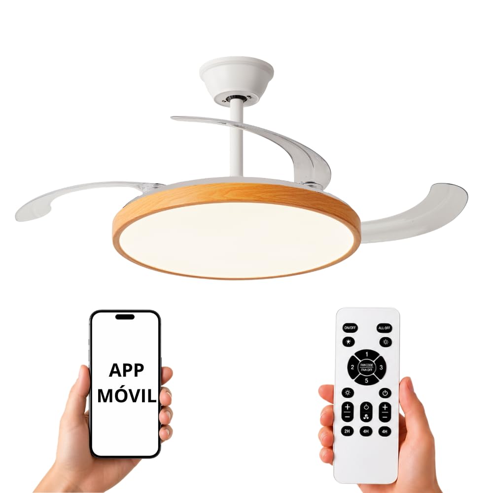 NARVI Ventilador de Techo Blanco y Madera Haya con Luz LED Regulable, Motor DC Silencioso de Bajo Consumo, Lámpara Ventilador con Mando, 3 Aspas Retráctiles, BRETAÑA 1779 WDN+WH