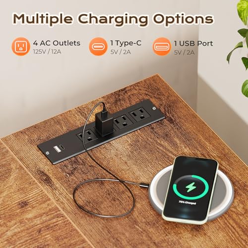 Huuger 63 Inch L Shaped Desk with Power Outlets and USB-C Port, 0.95 Inch Thicker Desktop, Reversible Computer Desk, Larger Office Corner Gaming Desk, Metal Frame, for Home Office, Study, Rustic Brown