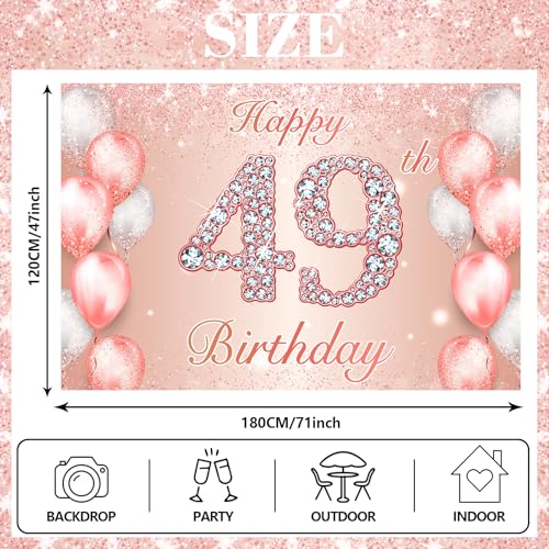 Image of Happy 49th Birthday Rose Gold Banner Cheers to 49 Years Old Backdrop Confetti Balloons Theme Decor for Women 49 Years Old Pink Birthday Party Decorations Bday Supplies Background Favors Gift Glitter