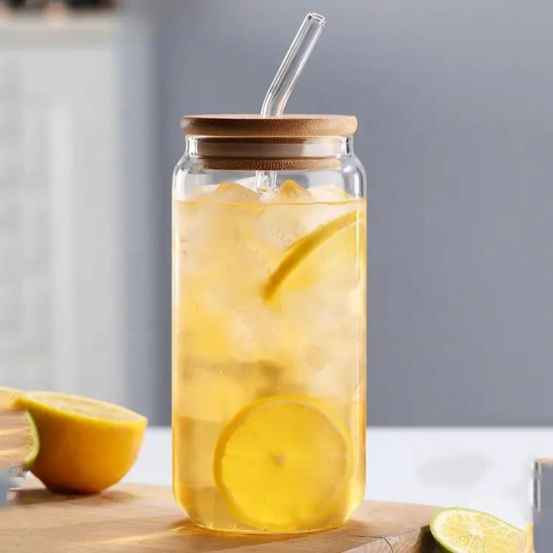 KiKiluxxa Beer Can Glass Tumbler With Straw&Lid-540Ml- Pack Of 1-Mojito Sipper Mug With Lid For Kids Milk Cup With Straw (Recife Can 1), Transparent