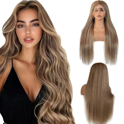 Image of Munx Highlight Brown 13x6 Lace Front Wigs Human Hair for White Women, Balayage Highlighted Lace Frontal Wig Bleached Knots Ash Blonde HD Transparent Wigs Pre Plucked 18 Inch 180% Density Full Ends