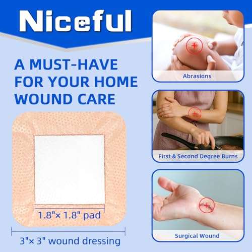 Niceful Silicone Foam Lite Dressing 3 x 3 in – Gentle Border Large Waterproof Bandages for Burns, Abrasions, Surgical Wounds – Medical Grade Wound Care Dressings for First Aid, Ultra Soft, 8 Count