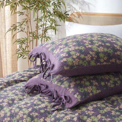 Image of VM VOUGEMARKET Violet Duvet Cover King Double Gauze Cotton Farmhouse Jacquard Green Floral Duvet Cover with 2 Bowknot Pillowcases Rustic Style, Breathable for a Cozy Home Atmosphere