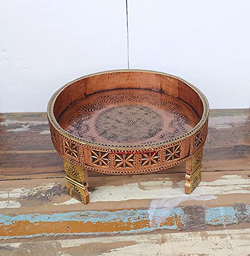 Anand Art and Craft Wood Coffee Table Hand Made Carved Grinder Table Chakki Table Beautifully Table Embossed Painted Metal Fitted Table Home Decor Indian Art 9x9x5.5
