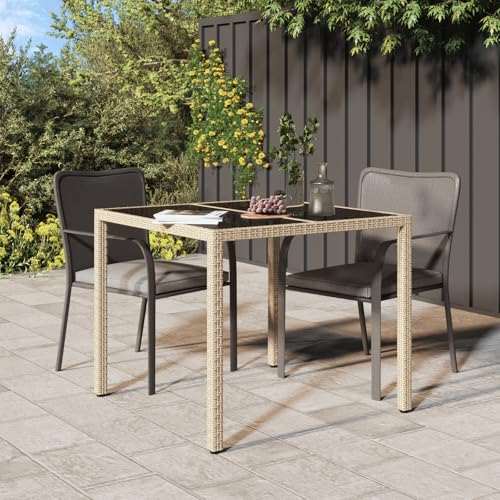 HEFZGDB Gartentisch Beige 90x90x75 cm Poly-Rattan mit Glasplatte...
