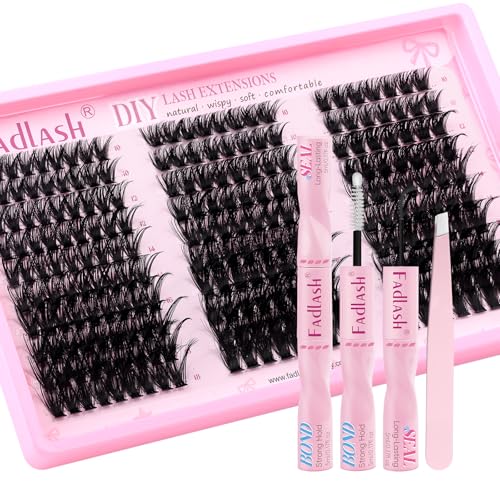 DIY Lash Extension Kit 60D+80D+100D Eyelash Clusters with Soft Thin Band D Curl Waterproof Lash Clusters Kit Lash Bond and Seal Tweezer Cluster Eyelash Extensions Kit at Home by FADLASH(60D+80D+100D)