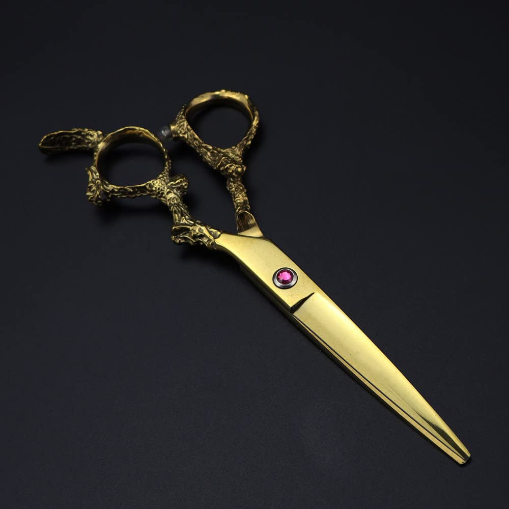 Tijeras de peluquería Profesionales de Acero de 15 cm con Mango de dragón Dorado para Cortes de Pelo y entresacado. Set de peluquería.