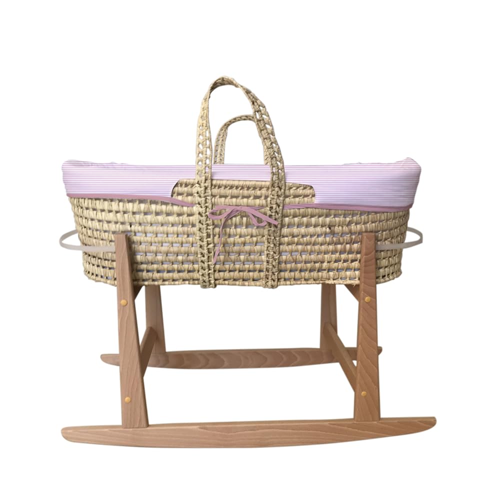 Tanuki Moisés de Mimbre Natural para Bebé con Base de Madera - Hecho a Mano - Colchón Incluido - Estilo nórdico Rayas Rosa