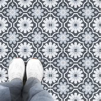 FunStick 12x142 Blue Vinyl Peel and Stick Floor Tiles, Waterproof, Boho Floral Design