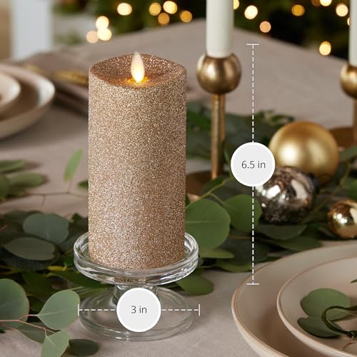 Image of Luminara Realistic Artificial Flame Gold Glitter Pillar Candle - Moving Flame LED Battery Operated Lights - Unscented - Remote Ready - Remote Sold Separately - 3 inch x 6.5 inch