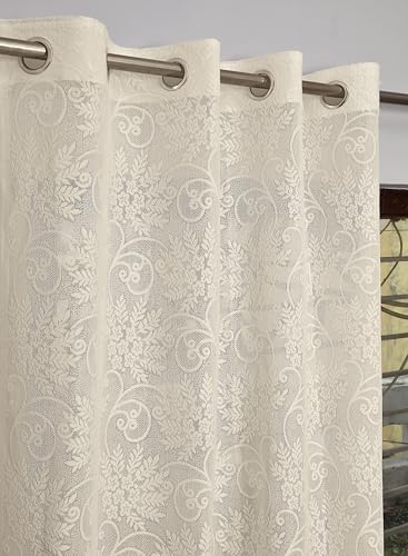 Image of Fabrilia Floral Net Semi Sheer Grommet Curtains for Living Room /Bedroom, 7 feet Door, Cream, Set of 2