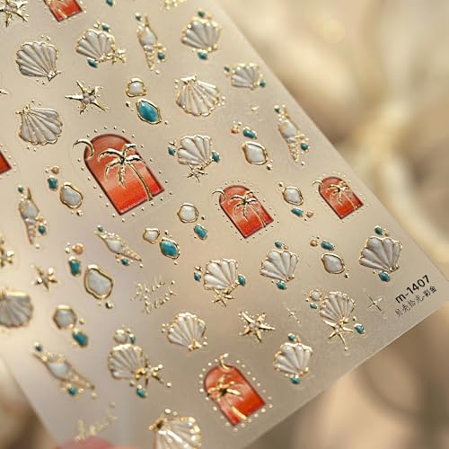 Image of Ocean Shells Nail Stickers with Gilded Design Summer Nail Art Stickers Coconut Tree Nail Decals 5D Embossed Self Adhesive Retro Style Manicure Charms Decoration for Women