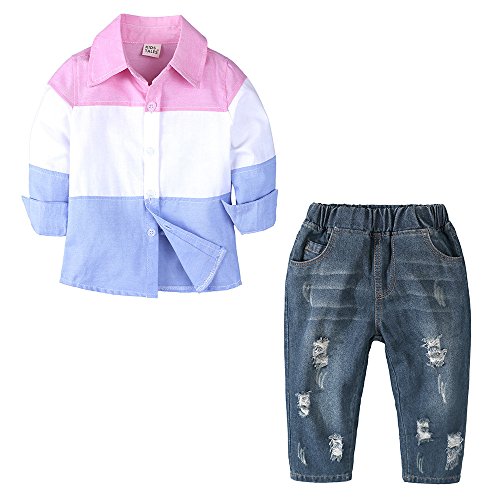 Boys Outfits&Set,Toddler Infant Baby Boys Gentleman Striped T Shirt Tops Denim Pants Set Outfits,Cute Baby Clothes for Boy Girl Gifts(Pink,5-6 Years)