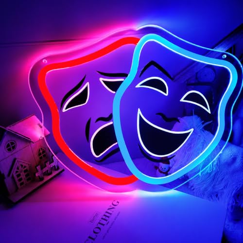 Image of Comedy and Tragedy Masks Neon Sign Theater Drama LED Lights Sign for Wall Decor, Classic Performing Dimmable Neon Light for Bedroom, Theater Room Bar & Studio Decor