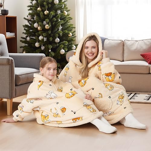 Image of Giggling Getup Wearable Blanket Hoodie for Girls and Boys Warm Cozy Sherpa Fleece Hooded Blanket Sweatshirt Oversized Hoodie with Giant Pocket & Sleeves for Kids Cat
