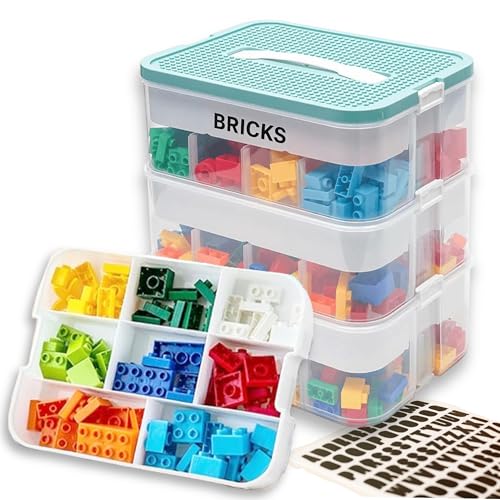 Xenia Living Aufbewahrungsbox für Lego Bausteine - mit Bauplatte Deckel verstellbaren Fächern und Buchstaben Stickern - stapelbar Sortierboxen für Kleinteile, Spielzeugaufbewahrung und Weihnachtsdeko