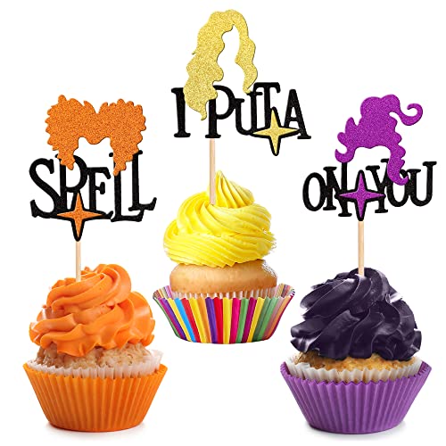 24 Pcs Hocus Pocus Cupcake Toppers Glitter Star Witch Hair I Put A Spell On You Halloween Cupcake Picks For Halloween Theme Baby Shower Kids Boys Girls Birthday Party Cake Decorations Supplies