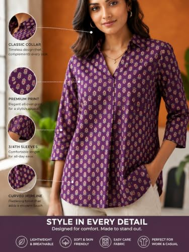 Image of Pure Cotton Long Hemline Shirt for Women Beautiful Printed Collared Neck Casual Western Shirt Top Formal Office Wear
