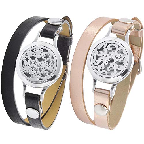 2 Packs Diffuser Bracelet Genuine Leather Bands Essential Oil Bracelet for Women Aromatherapy Bracelet Yoga Bracelet Diffuser Locket Bracelet Confidence Relax Bracelet (Update)