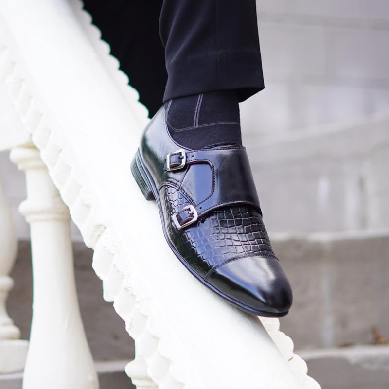 Image of MATR Strap Me Down Men's Blck Croc-Embossed Double Monk Strap Leather Shoes