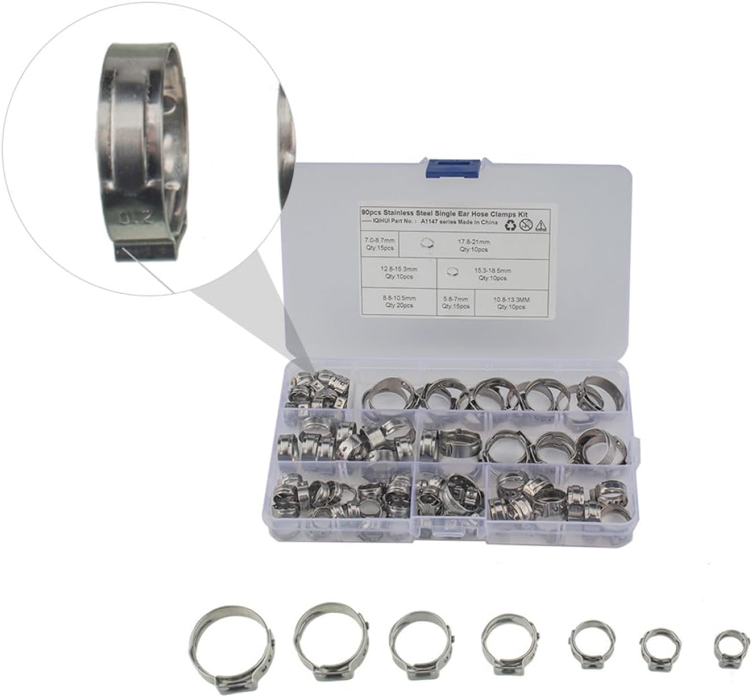 SHINEOFI 130pcs Stainless Steel Single Ear Hose Clamps Set, Adjustable Pipe Clips for 5.8-21mm Tubes, Corrosion-resistant Hose Fitting Clamps for Plumbing and Automotive Use
