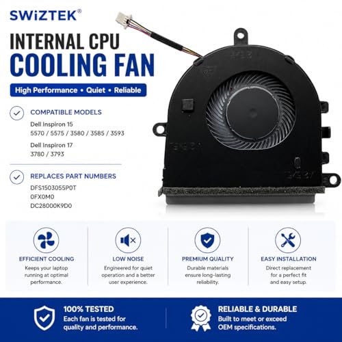 Image of Swiztek CPU Cooling Fan for Dell Inspiron 5570 3580 3593 0FX0M0 | Compatible with Dell Inspiron 5570, 5575, 3580, 3585, 3593, 3780, 3793. P /N 0FX0M0, DFS1503055P0T.
