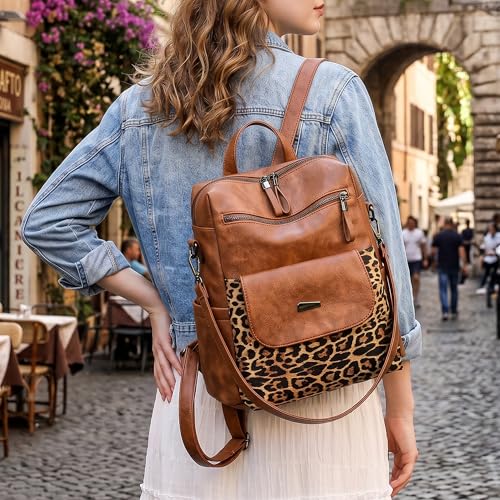 Image of WYFJNX PU Leather Backpack Purse for Women Fashion Multipurpose Design Handbag Ladies Shoulder Bags Travel Backpack Brown with Leopard Print
