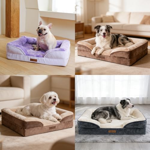 BELLA & PAL Orthopädisches Hundebett, 71x59 cm Ergonomisches Hundesofa für kleine/mittlere Hunde-Ohne Montage, Eierschaum | wasserdichter Einlage | Flanell Abnehmbarer Bezug | Rutschfester Boden, Lila