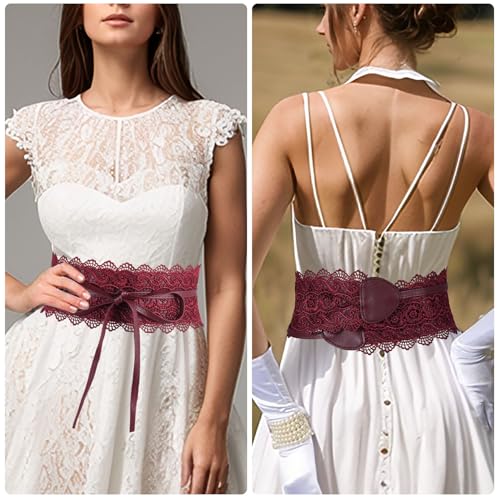 MILAKOO Lace with Leather Obi Belt Women Lace Waist Belt Bow Tie Wrap Bowknot Cinch Wide Belt for Dress2