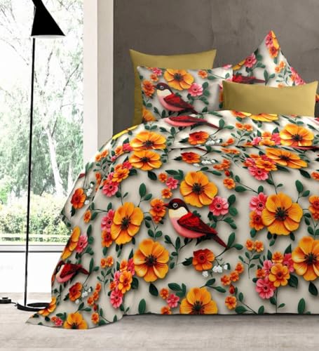 Image of DECOR2ADMIRE 300 TC Premium 7D Print Super King Size Cotton Bedsheet Set with 2 Pillow Covers | Ultra Soft 108 inch x 108 inch | Elegant Floral Designs (Spring Charm)