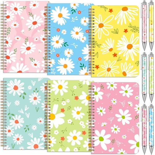 Image of Resurhang 6 Pack A5 Daisy Spiral Notebooks Preppy Journal Cute Aesthetic Hardcover Ruled Notebooks with Ballpoint Pens for Christmas Office School Day Prize Gifts, 5.5 x 8.3 Inch